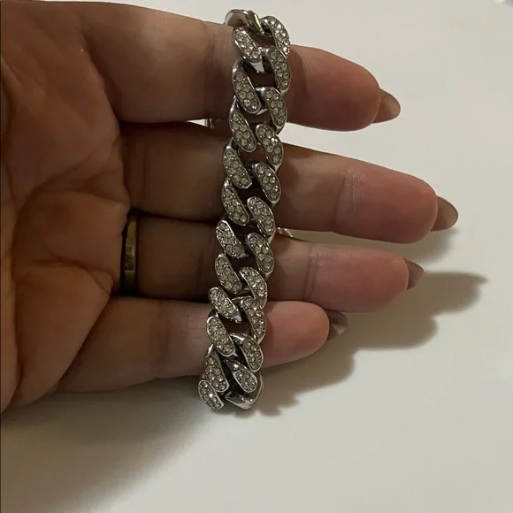 Silver-tone Men’s Chain Bracelet with Rhinestones - Picture 3 of 9